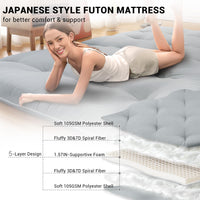 Garvee Futon Mattress, Japanese Floor Mattress Full Size Floor Mat for Sleeping Adult Size, Foldable Tatami Mattress Roll Up Floor Bed Mattress for House Guest Camping Dorm, Light Grey