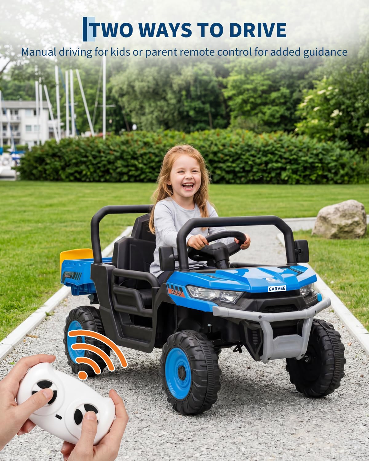 Garvee 12V Kids Ride on Dump Truck with Parent Remote Control, Single Seater Electric Farm Truck for Kids, Powered Dump Bed, Double Opening Doors, Suspension, LED Lights, MP3 & Horn,Blue