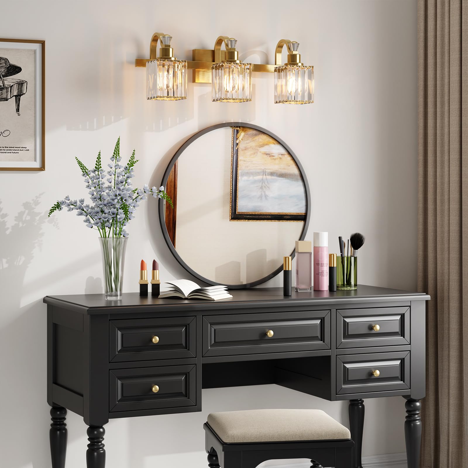 Garvee Bathroom Vanity Light Fixtures Modern Crystal Vanity Light Fixtures Over Mirror，3 Light Modern Crystal Wall Lighting with Square Shade（Gold