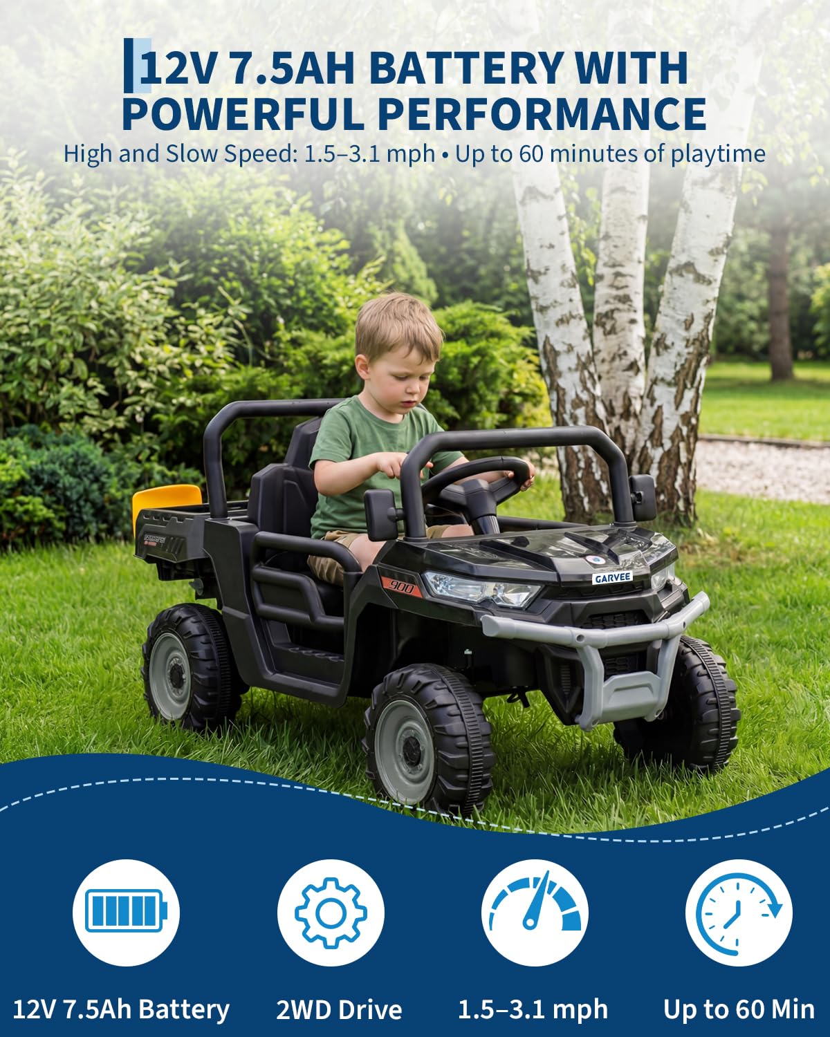 Garvee 12V Kids Ride on Dump Truck with Parent Remote Control, Single Seater Electric Farm Truck for Kids, Powered Dump Bed, Double Opening Doors, Suspension, LED Lights, MP3 & Horn,Black
