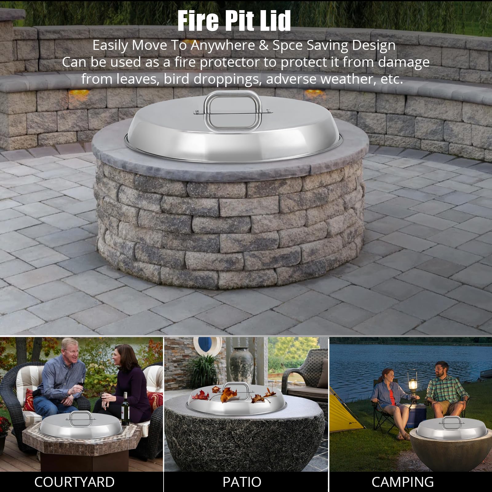 Garvee Fire Pit Cover - Compatible with Bonfire, Round Stainless Steel with Handle, Fits Inset Fire Pit, Perfect for Outdoor Patio Camping,20 * 20inch,Silver