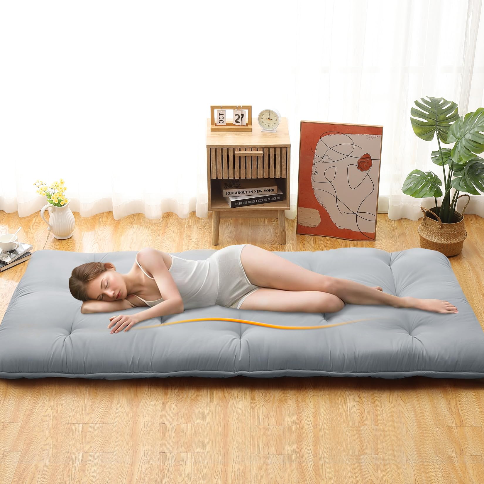 Garvee Futon Mattress, Japanese Floor Mattress Full Size Floor Mat for Sleeping Adult Size, Foldable Tatami Mattress Roll Up Floor Bed Mattress for House Guest Camping Dorm, Light Grey