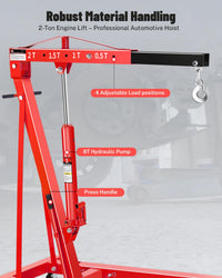 Garvee 2 Ton Engine Hoist Cherry Picker - 4400 Lbs Capacity, Foldable Design, Steel Frame, 6 Casters, Hydraulic Pump - Portable for Truck & Boat Engines, Red