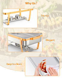 Garvee 8QT Chafing Dish Buffet Set (6-Pack) - Foldable Food Warmers with Spoons & Tweezers for Weddings, Parties, Banquets, and Catering Events (Gold)