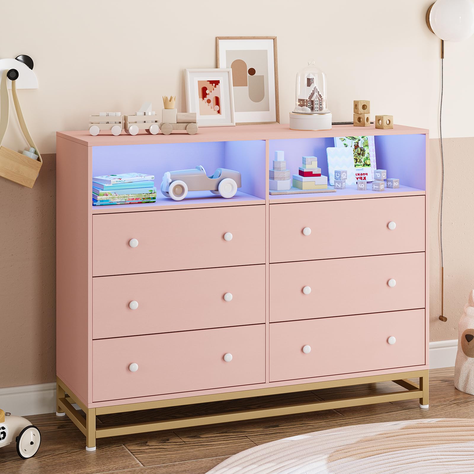 Garvee Wide Dresser for Bedroom with Charging Station, 6 Drawer, LED Lights, Large Capacity Storage, Wood, Modern Design, Pink, Suitable for Bedroom and Closet