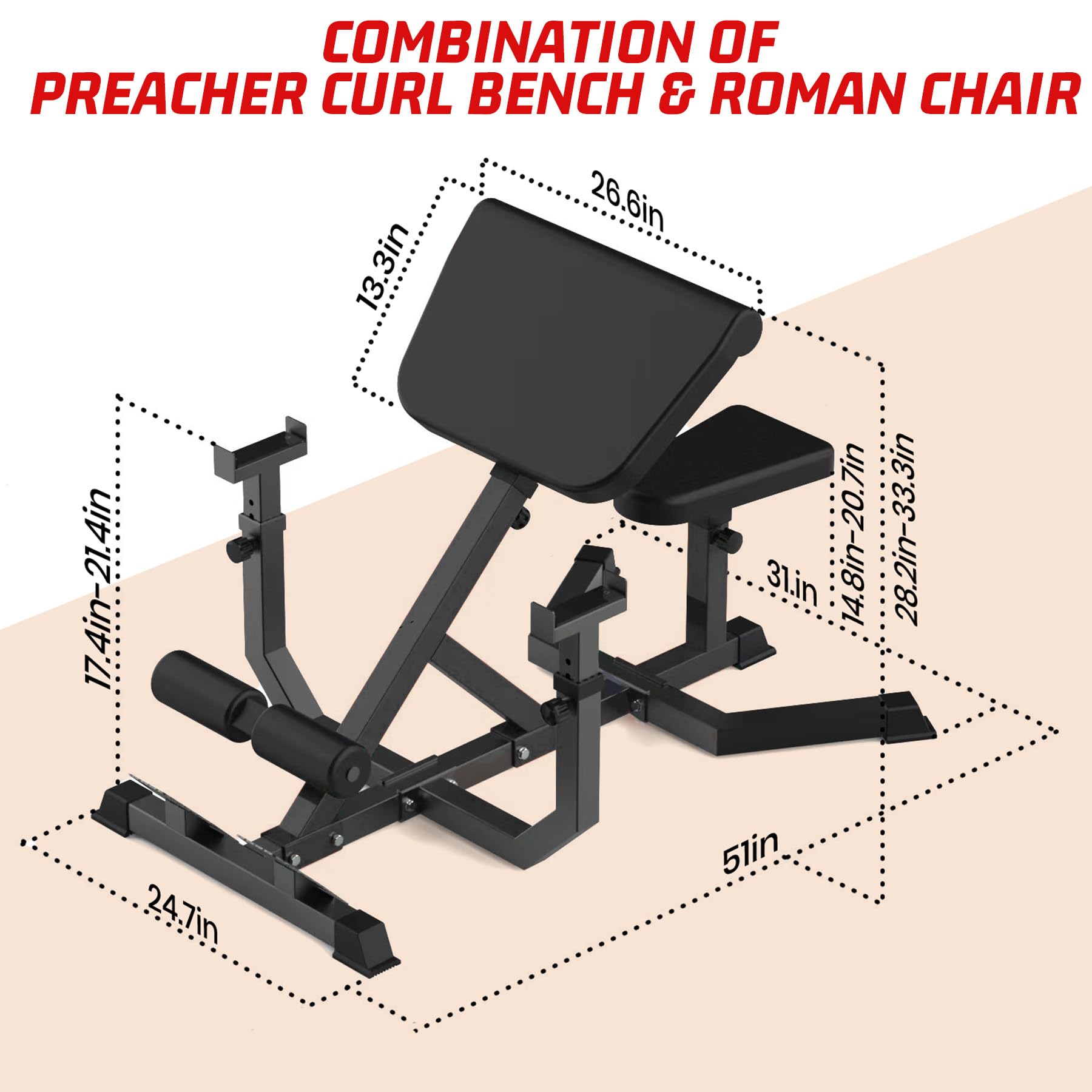 Garvee 2-In-1 Roman Chair & Preacher Curl Bench Multi-Function Heavy-Duty Hyperextension Bench for Home With Adjustable Height for Arms, Ab, Back, Glute & Leg Extension Exercise Equipment, Black