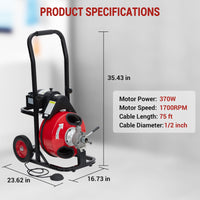 Garvee Auto Feed 75 FT x 1/2 Inch Drain Cleaner Machine with 370W Motor, Portable Sewer Snake Auger with 8 Cutters & Air-activated Foot Switch, Fits 1" to 4" Pipes, Black & Red