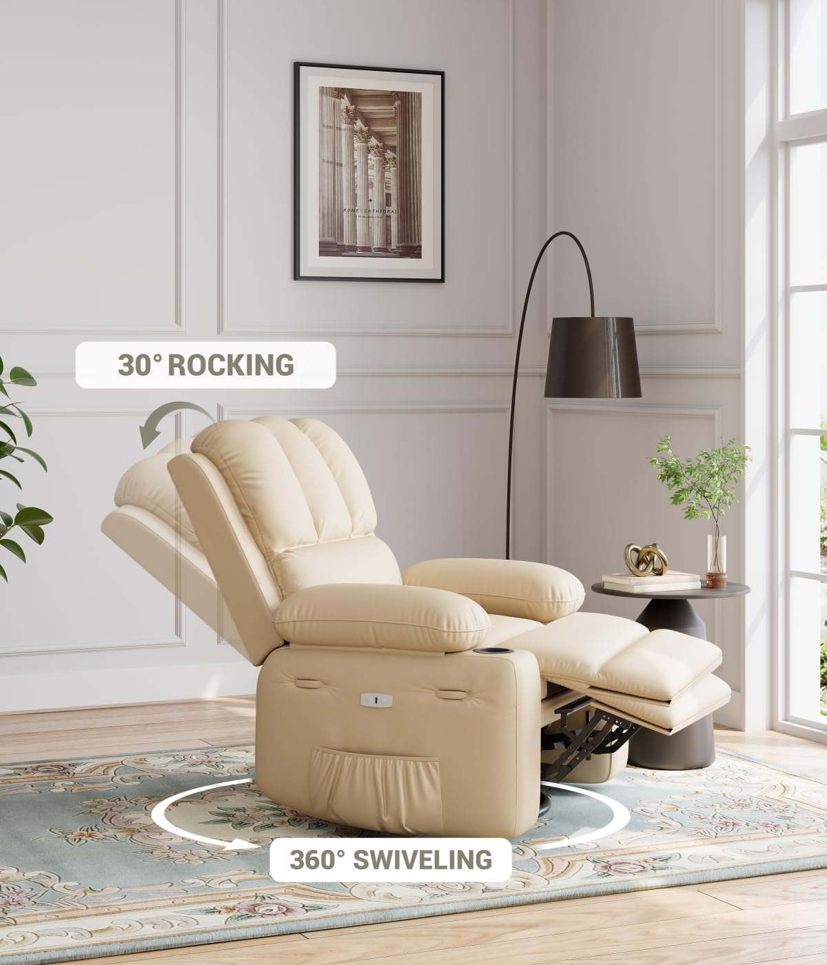 Garvee Oversized 27" Recliner Chairs with Heat and Massage, 360° Swivel Lazy Boy Recliner Chair for Adults, Manual Rocking Chair with Cup Holder for Living Rooms, Bedrooms and Nurseries, Beige