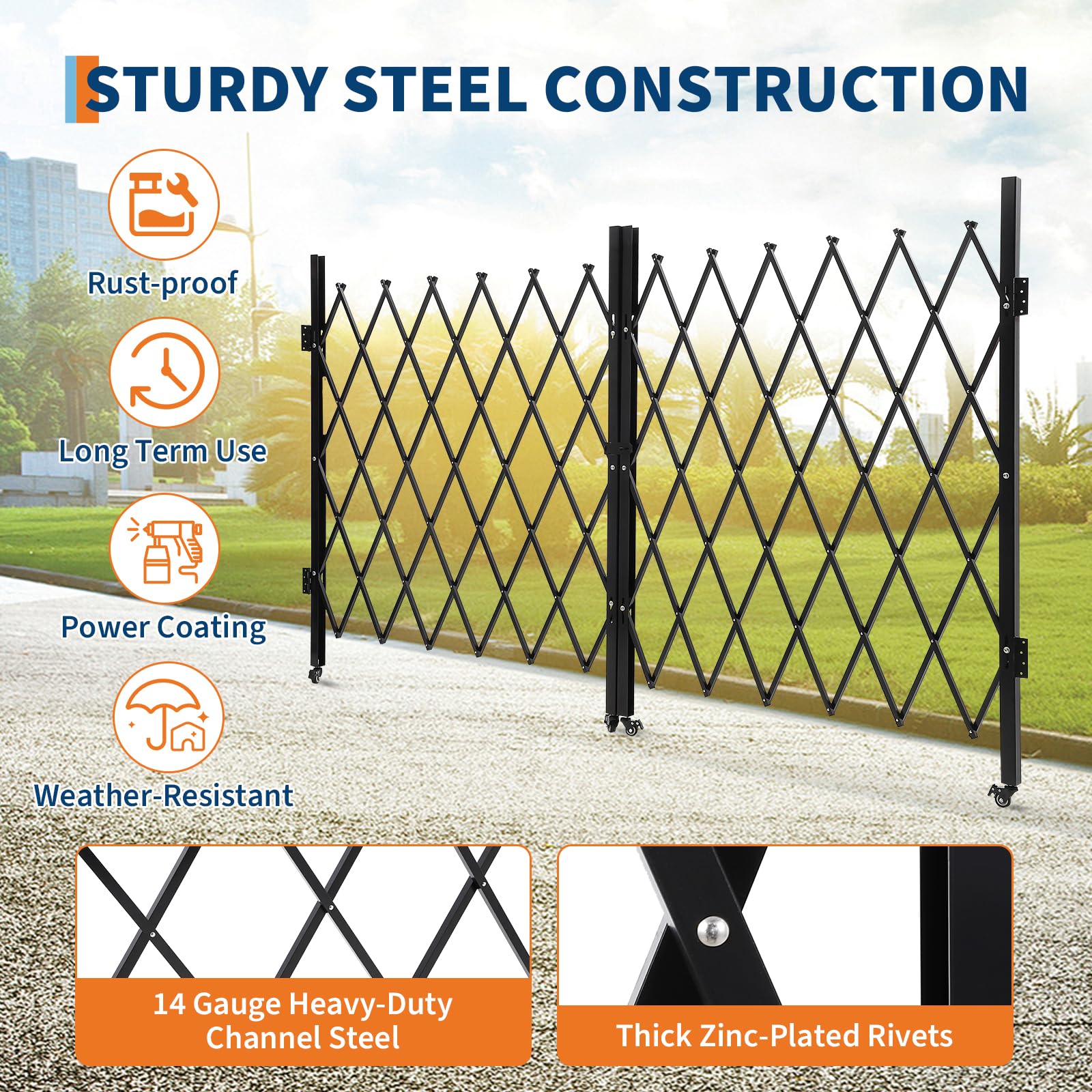 Garvee 10FT Industrial Metal Expandable Barricade，Retractable Traffic Fence with Casters, Portable Barricade Gate for Construction Area, Traffic Control, Cordon