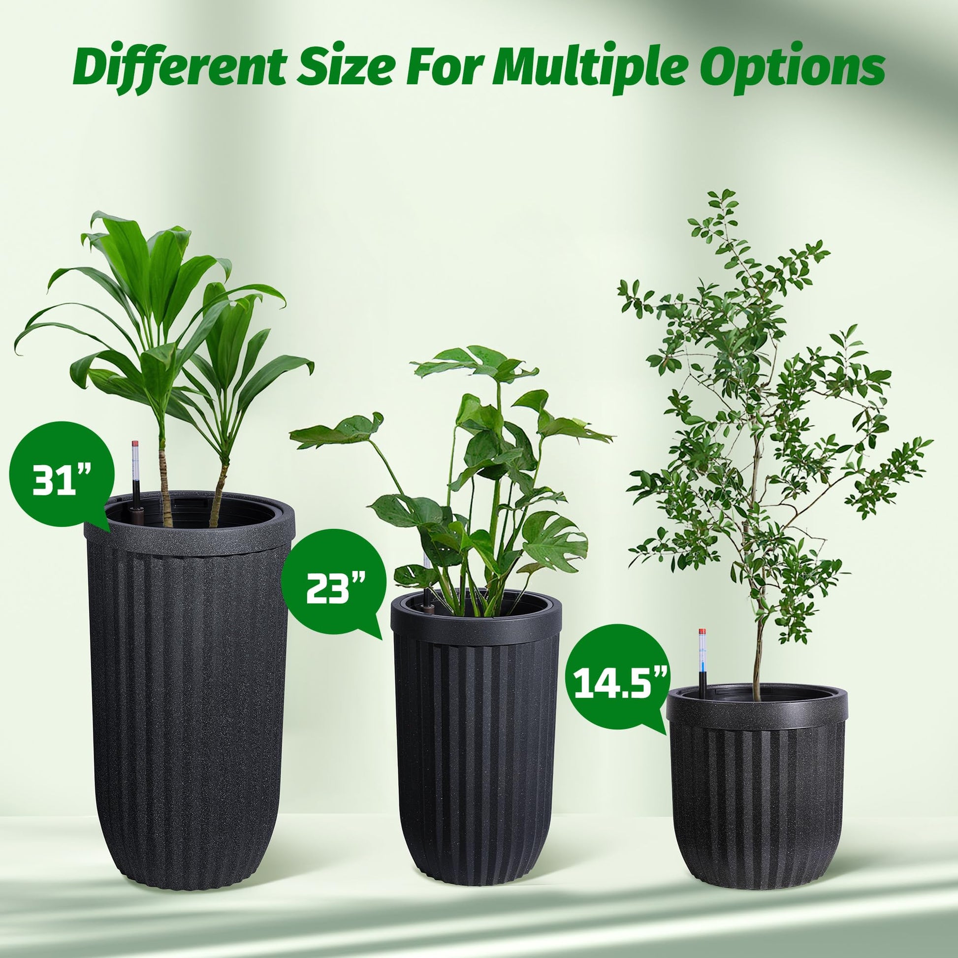 Garvee 31" Tall Black Planter with Water Level Monitor, Self-Watering System & Wheels - Medium Flower Pot for Living Room, Office, Patio & Garden