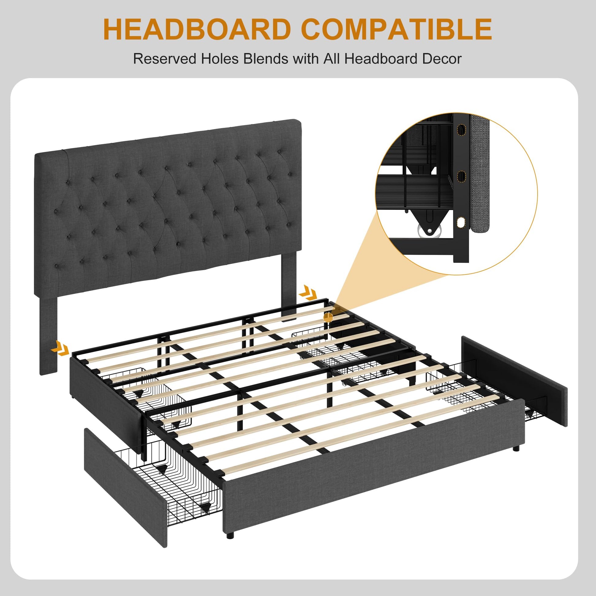 Garvee Platform Bed Frame, Fabric Upholstered with 4 Storage Drawers, No Box Spring Needed, Wooden Slats Support, Noise Free, Easy Assembly, Dark Grey(KING)