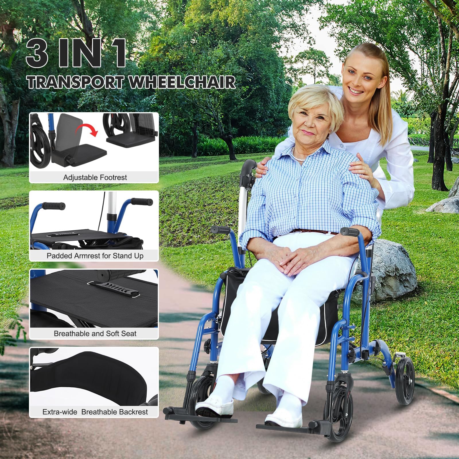 Garvee All-Terrain 2-in-1 Folding Walker & Transport Chair with Rest Seat, Adjustable Handlebars, Dual Brake System, Storage Bag for Seniors, Shopping, Outdoor Use, 300lbs Capacity, Blue