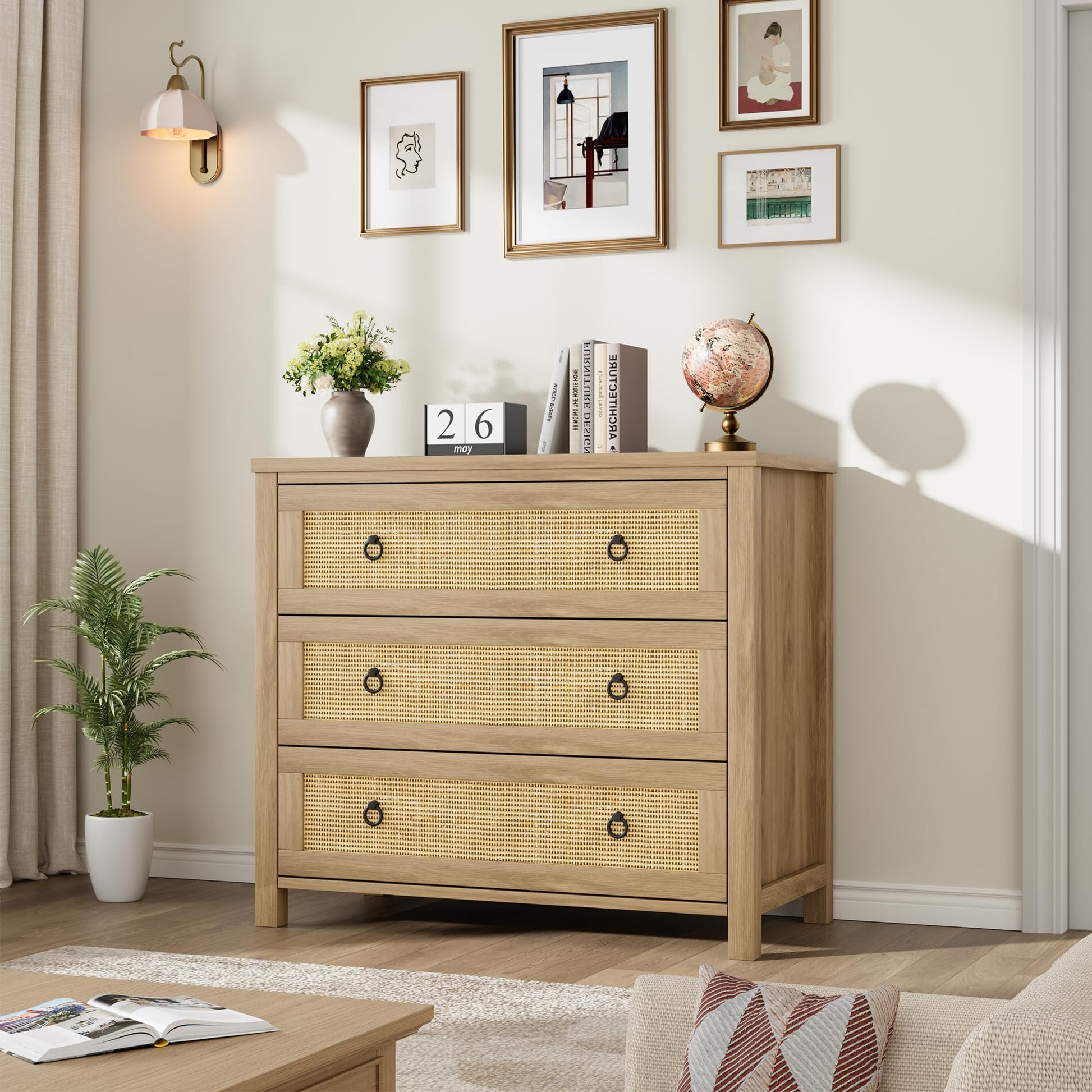 Garvee Rattan 3 Dresser for Bedroom, 29" Tall Dresser, Boho Tall Drawer Dresser with Storage, Wooden Closet Dressers Chest of Drawers Freestanding for Bedroom, Nursery, Living Room, Natural