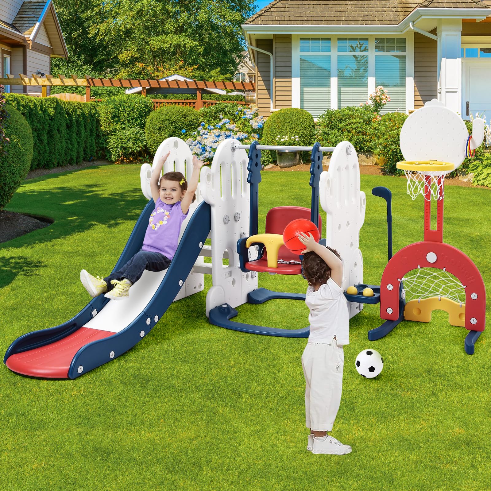 Garvee 7-in-1 Toddler Slide and Swing Set with Adjustable Swing, Basketball Hoop, Soccer Golf, Ring Toss, HDPE Material, Indoor Outdoor Playset for Kids Ages 1-3