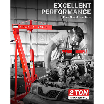 Garvee 2-Ton Hydraulic Engine Hoist Crane with 6-Wheel Stability, Folding Design, Military-Grade Steel, Locking Brakes, Adjustable Boom - Garage & Workshop, Red