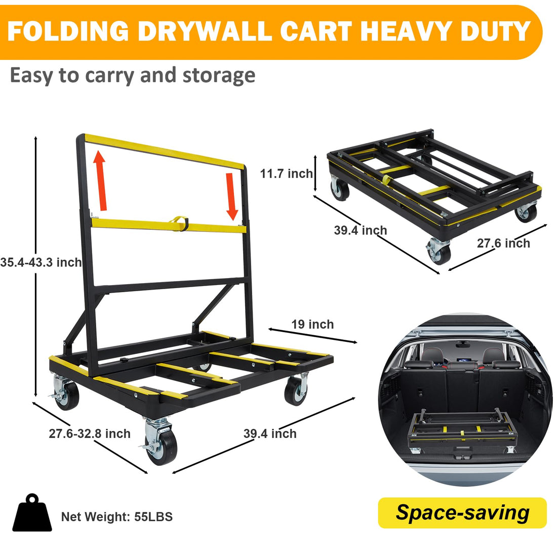 Garvee 2200 lb Folding Drywall Cart with Extendable Deck, Steel Panel Dolly for Sheetrock, Plywood, Glass & Tile