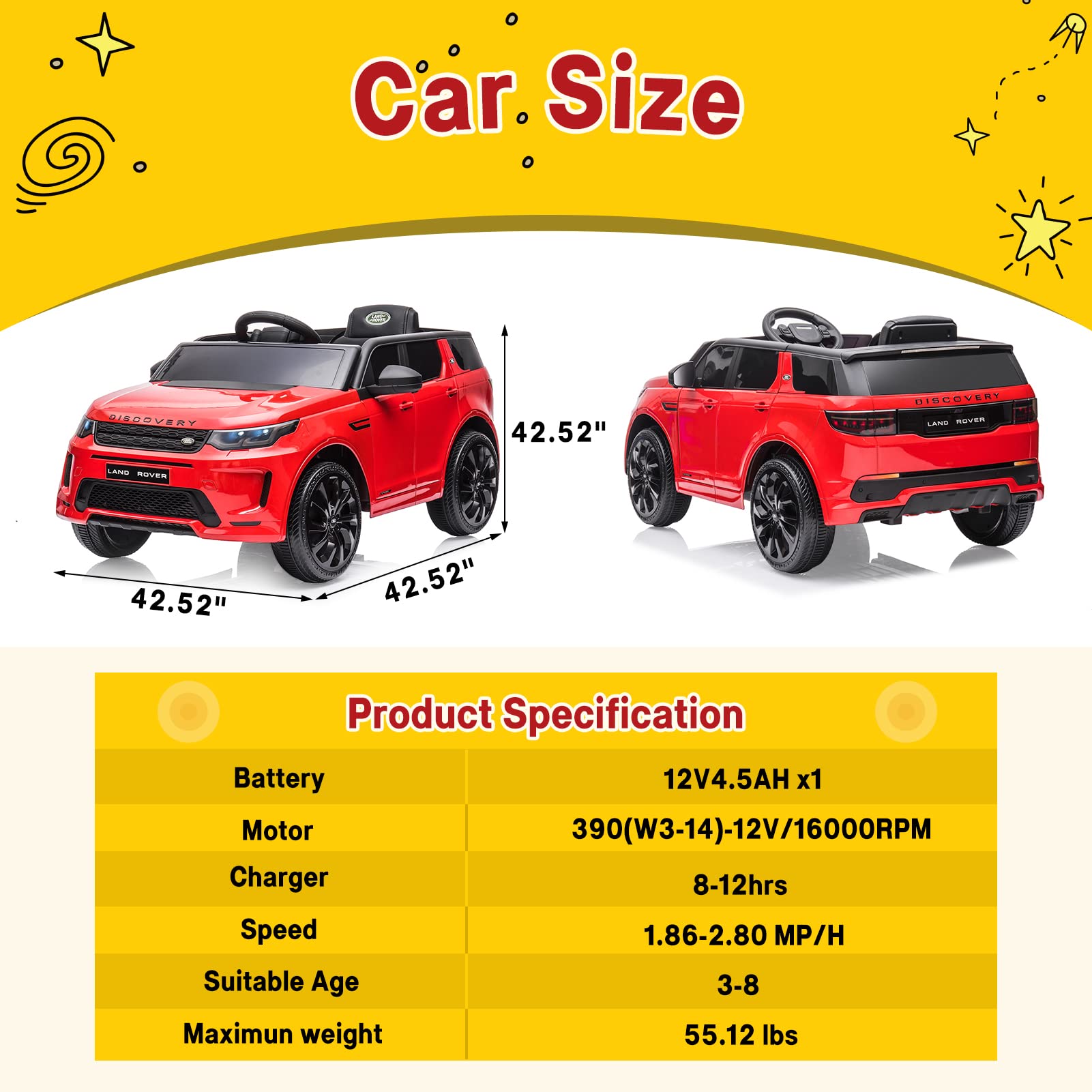 Garvee Ride - P Series: 12V Land Rover mini Kids Ride-On Car: Remote Control, LED Lights, Bluetooth, Music, Radio, Battery Powered, for Ages 3-8 - Red
