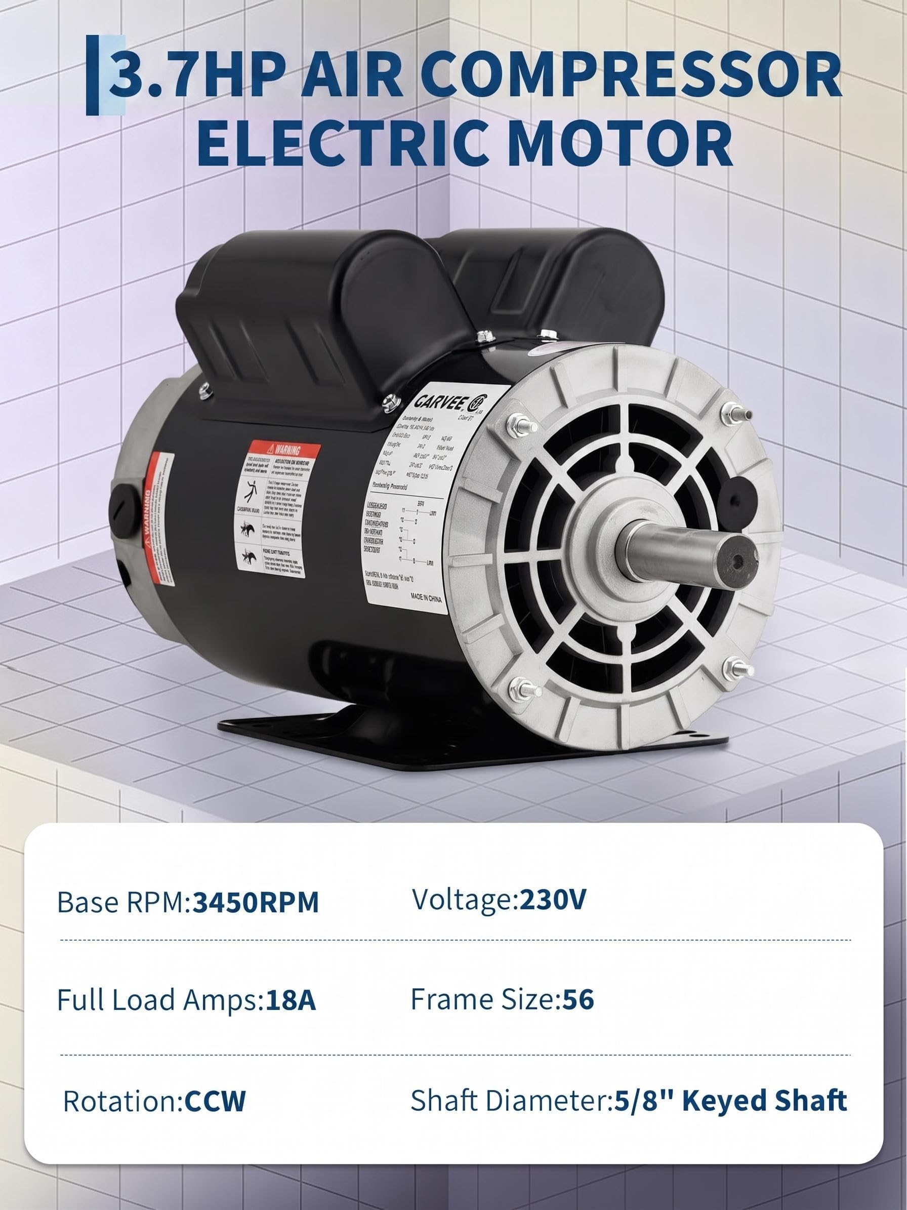 Garvee 3.7HP SPL Air Compressor Electric Motor 230V 56 Frame Dual Rotation 5/8" Keyed Shaft 1.88" Length Ultra Quiet
