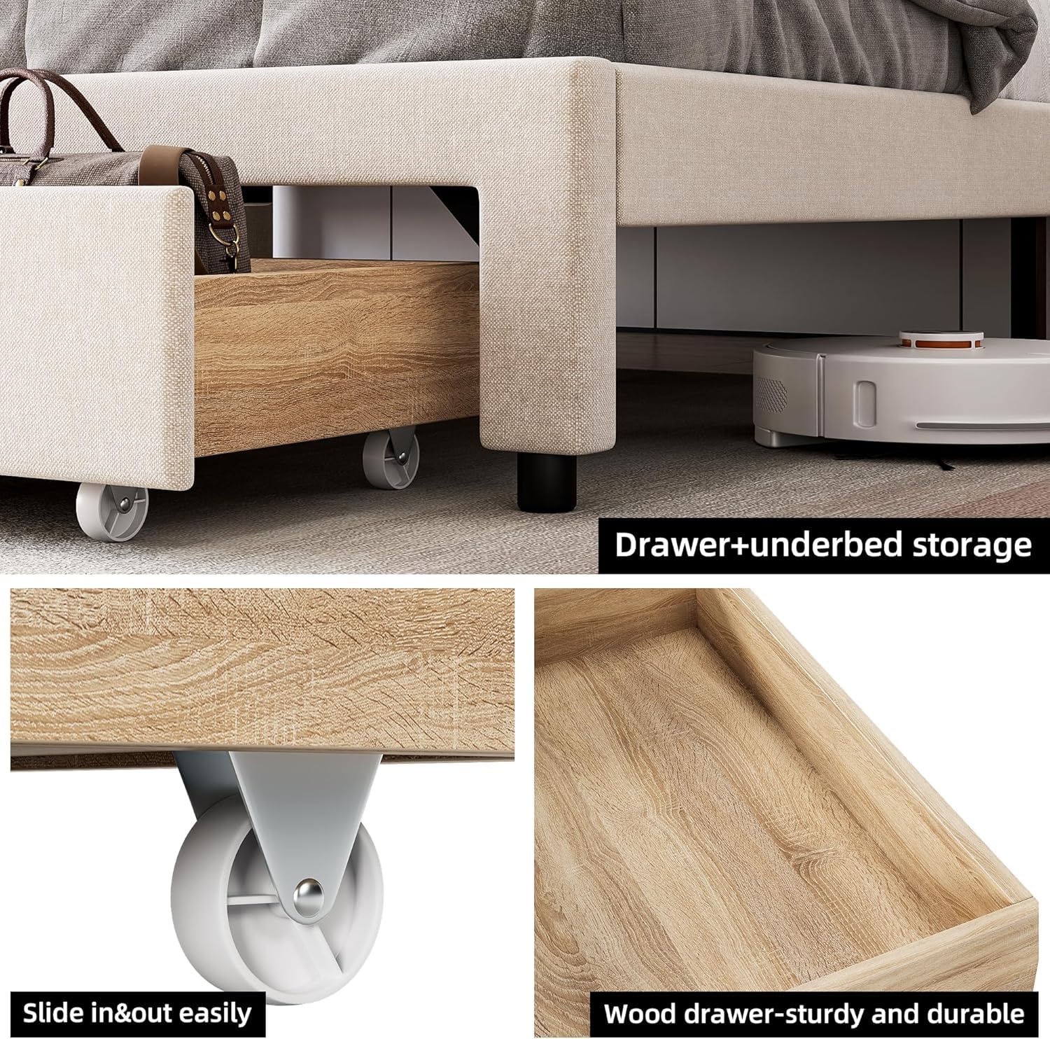 Garvee King Size Bed Frame with Storage Headboard and Charging Station, Upholstered Platform Bed Frame with Drawer, Mattress Foundation with Solid Wooden Slats Support, No Box Spring Needed, Beige