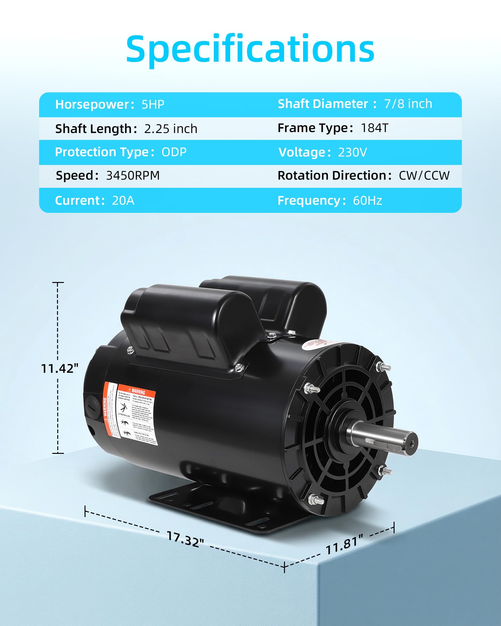 Garvee 5HP Air Compressor Motor 56C Frame Dual Rotation Steel Shell 7/8" Keyed Shaft 2.25" Length CW/CCW 230V General Purpose