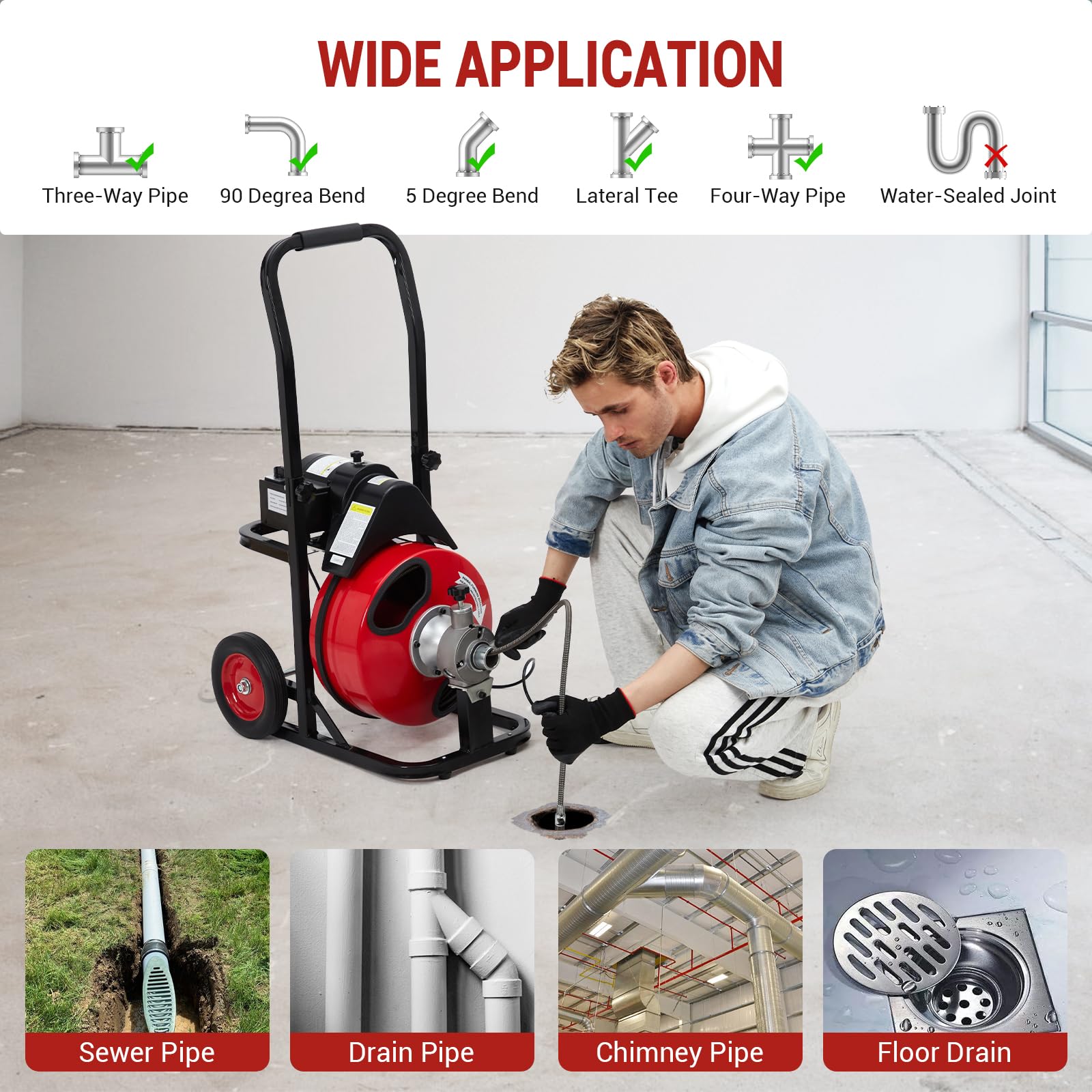Garvee Auto Feed 75 FT x 1/2 Inch Drain Cleaner Machine with 250W Motor, Portable Sewer Snake Auger with 8 Cutters & Air-activated Foot Switch, Fits 1" to 4" Pipes, Black & Red