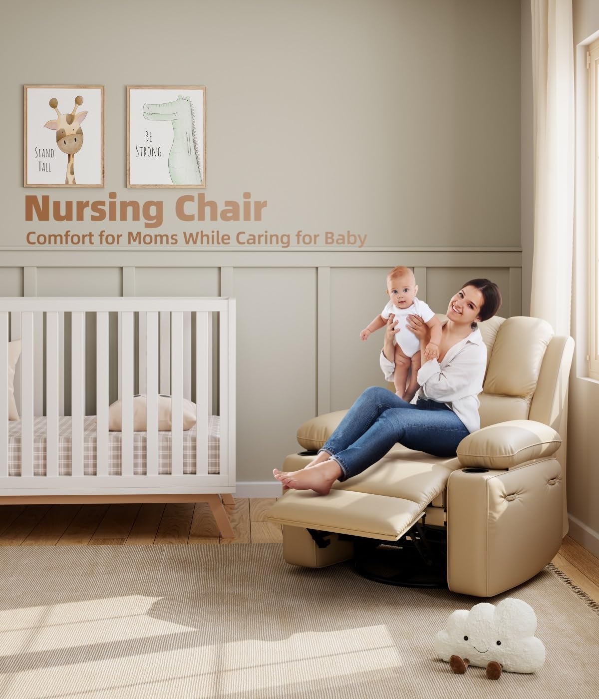 Garvee Oversized 27" Recliner Chairs with Heat and Massage, 360° Swivel Lazy Boy Recliner Chair for Adults, Manual Rocking Chair with Cup Holder for Living Rooms, Bedrooms and Nurseries, Beige