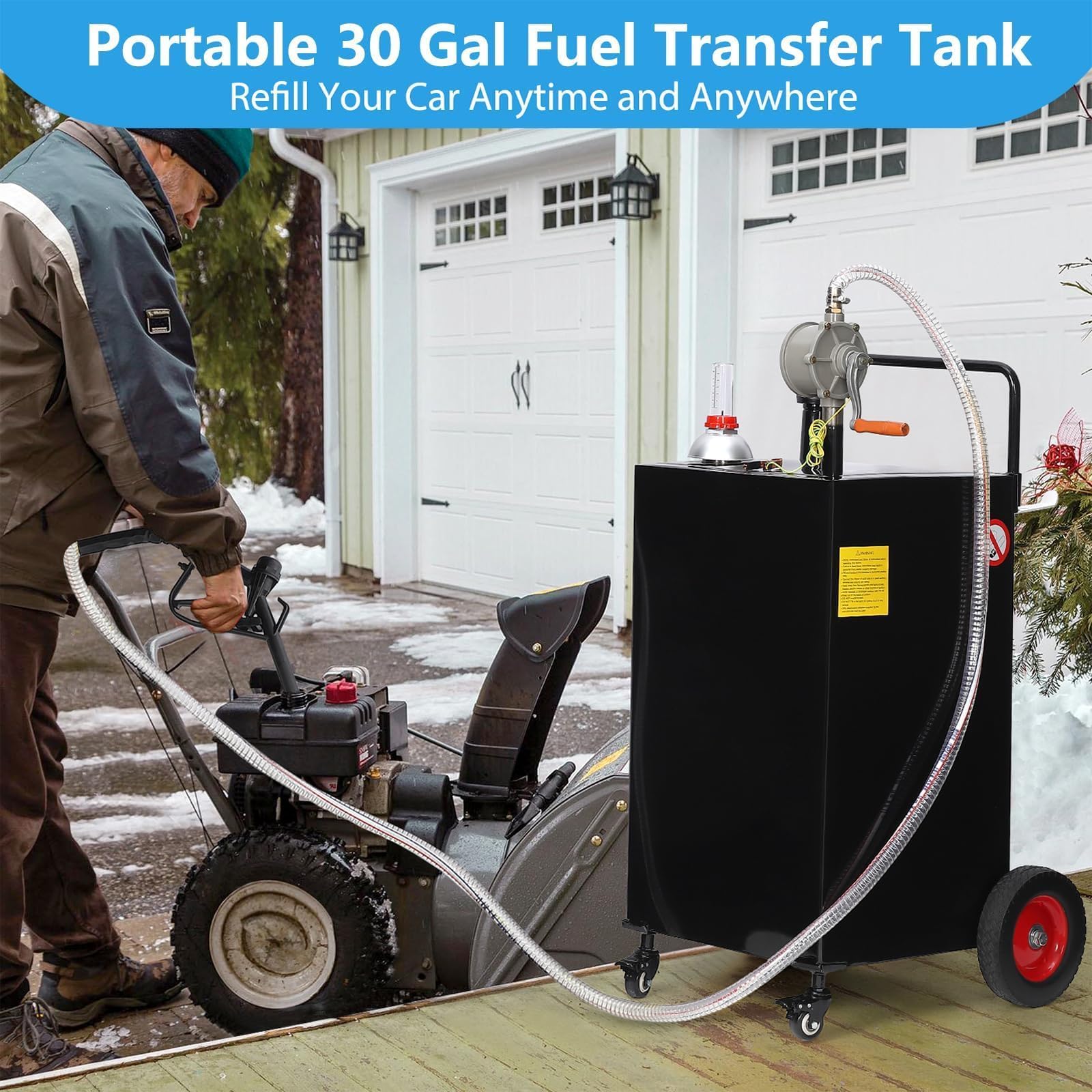 Garvee 30 Gallon Fuel Gas Caddy with 8 Inch Wheels Siphon Pump, Manual Nozzle 360° Swivel Connector, Portable for Car Mower Tractor Boat Motorcycle, Black