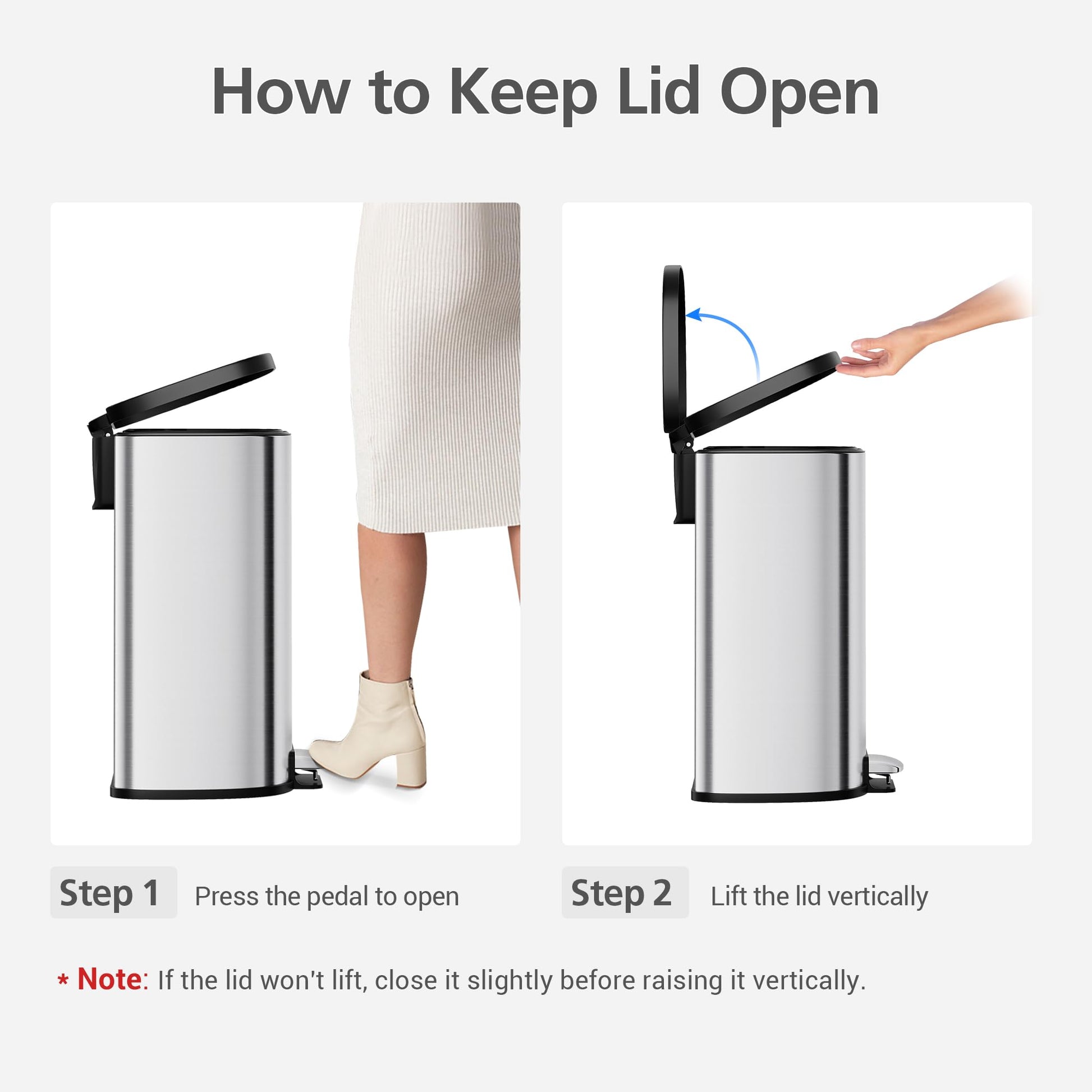 Garvee D-Shape Kitchen Trash Can 50L/13.2 Gal, Smudge Resistant Step-On Garbage Can with Lid, Stainless Steel Trash Bin with Removable Buckets, Soft-Close Lid