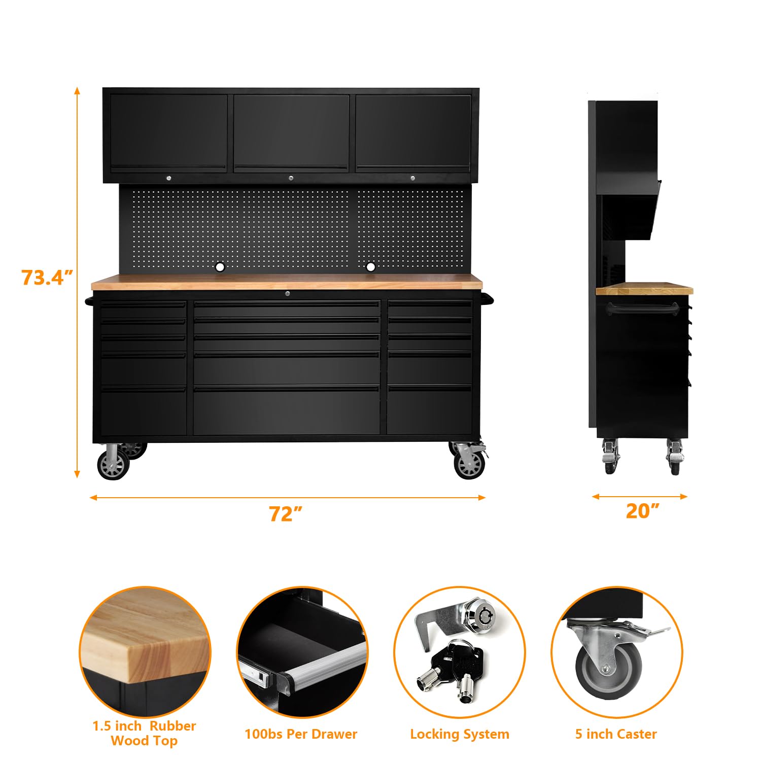 Garvee 15-Drawer Large Rolling Tool Chest, 72" x 20" Mobile Tool Storage Cabinet with 3 Up Top Cabinet & Pegboard, Wheels, Garage Tool Box Organizer with Anti-Slip Liner for Warehouse, Repair Shop