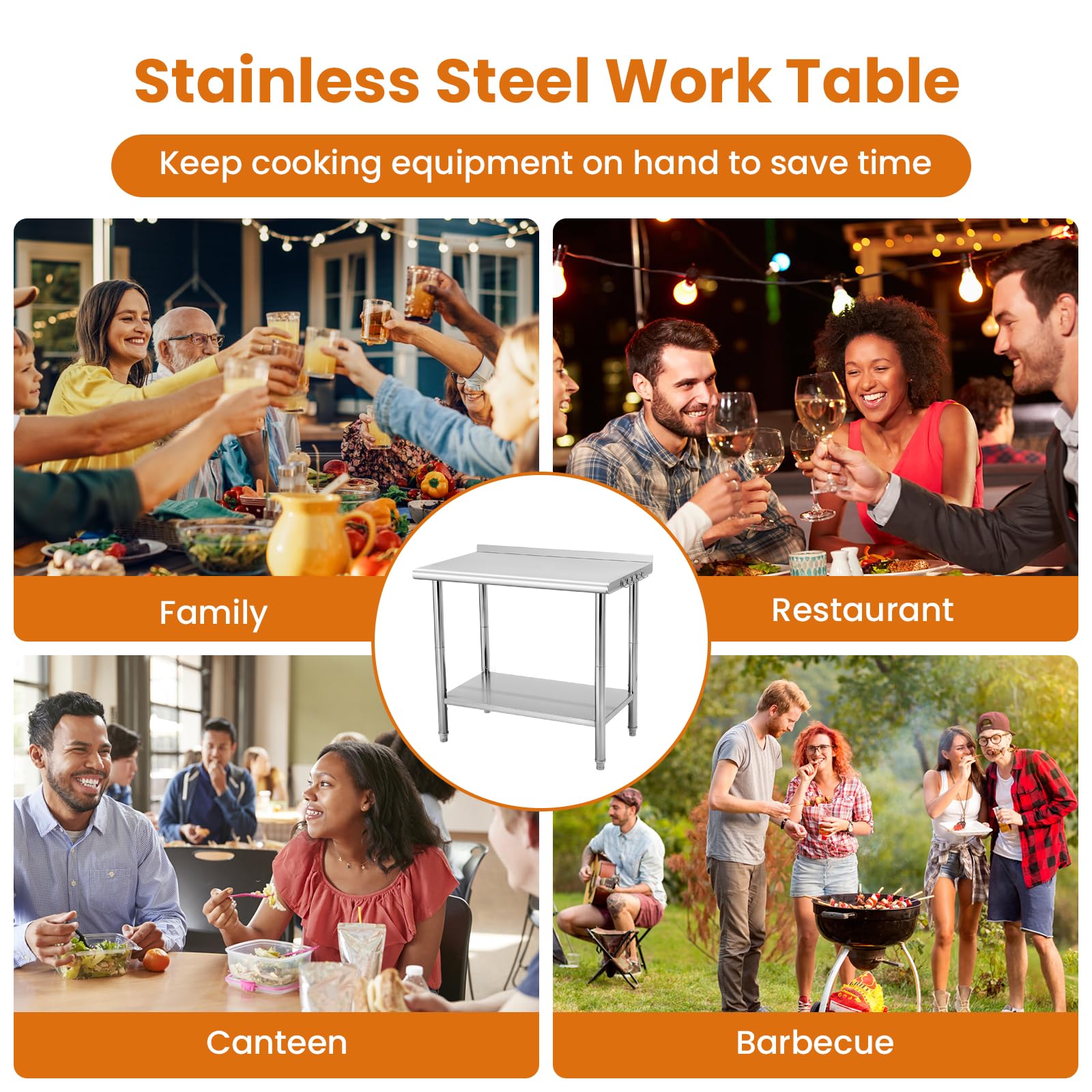 Garvee 36"L x 24"W x 35"H Stainless Steel Table for Prep & Work with Backsplash, Commercial Metal Kitchen Prep Table with Hooks and Adjustable Shelf, Heavy Duty Table for Home Garage Restaurant