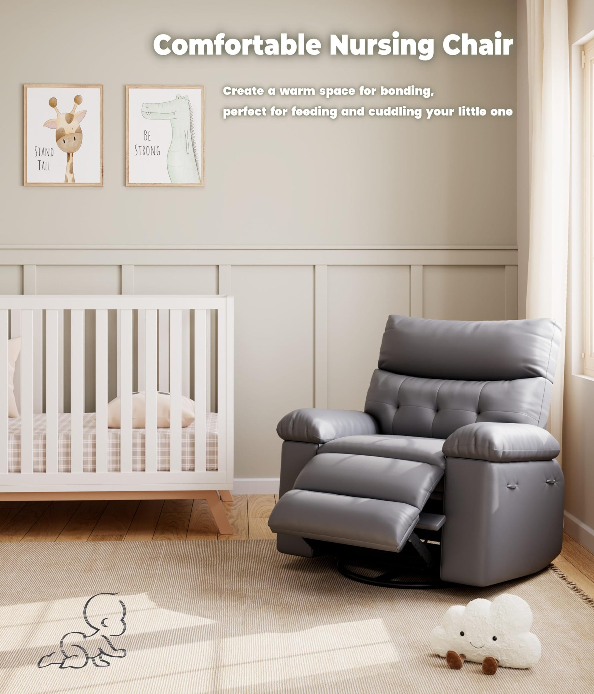 Garvee Oversized Wide Rocker Swivel Recliner Chair - PU Leather Large Manual Recliner for Adults, Ultimate Comfort Lazy Boy with 1.5X Sponge Filling and Easy Recline Mechanism for Relaxation, Gray