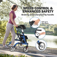 Garvee Rollator Walker for Seniors with Seat & Storage Bag, Shock Absorber, 10" & 8" All-Terrain Rubber Wheels, Lightweight Aluminum Foldable Walker with Backrest, Adjustable Height 34-40", Blue