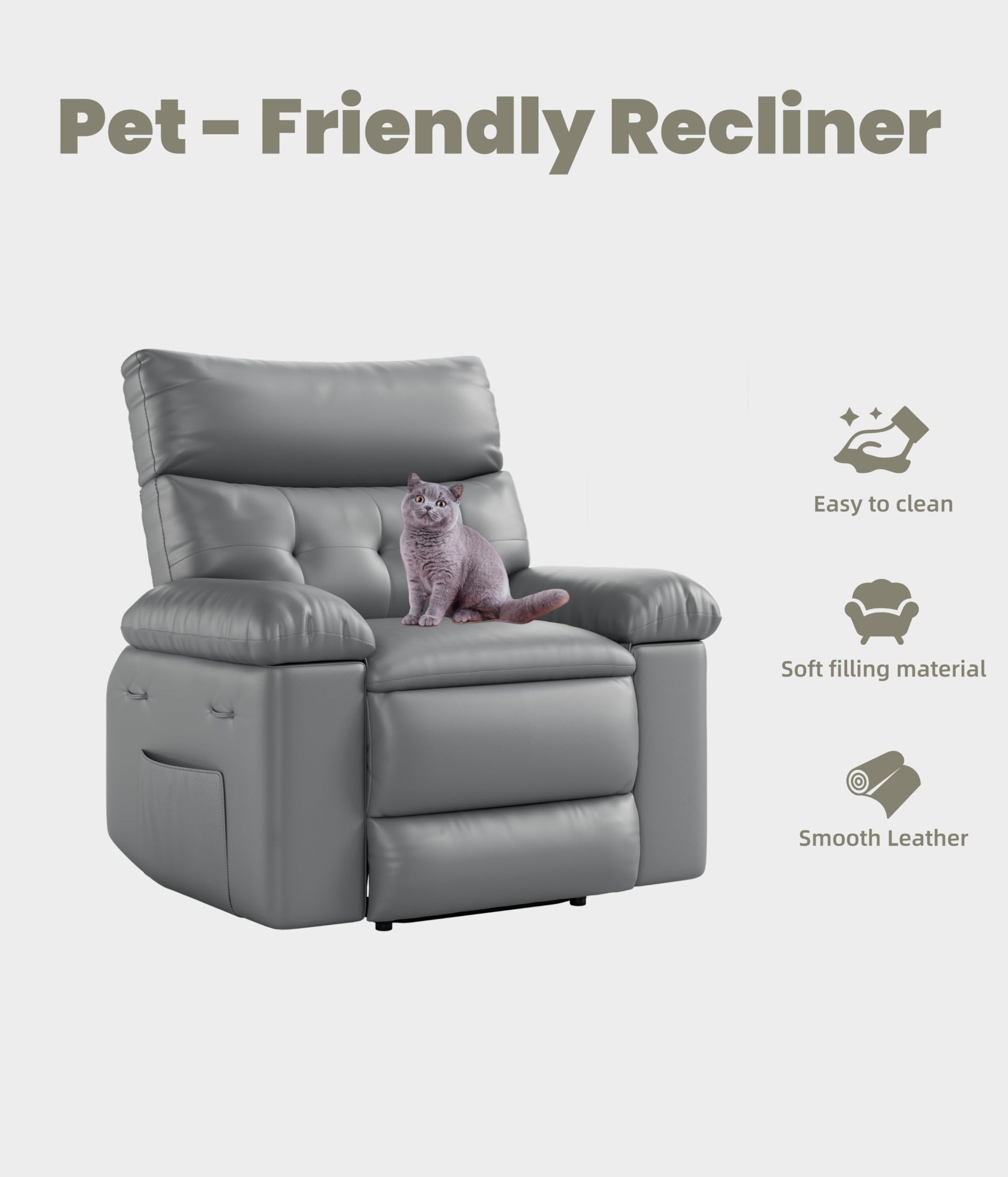 Garvee Oversized Wide Rocker Swivel Recliner Chair - PU Leather Large Manual Recliner for Adults, Ultimate Comfort Lazy Boy with 1.5X Sponge Filling and Easy Recline Mechanism for Relaxation, Gray
