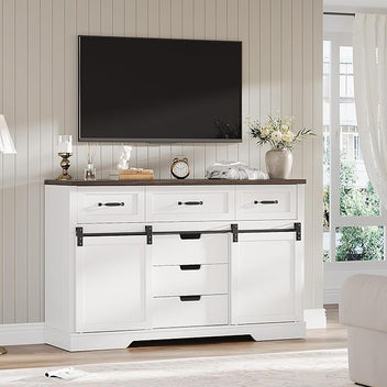 Garvee 6 Drawer Dresser, 47 Inch Farmhouse Chest of Drawer with 2 Sliding Barn Doors, Rustic Wooden Storage Cabinet with Adjustable Shelves for Bedroom Living Room Dining Room