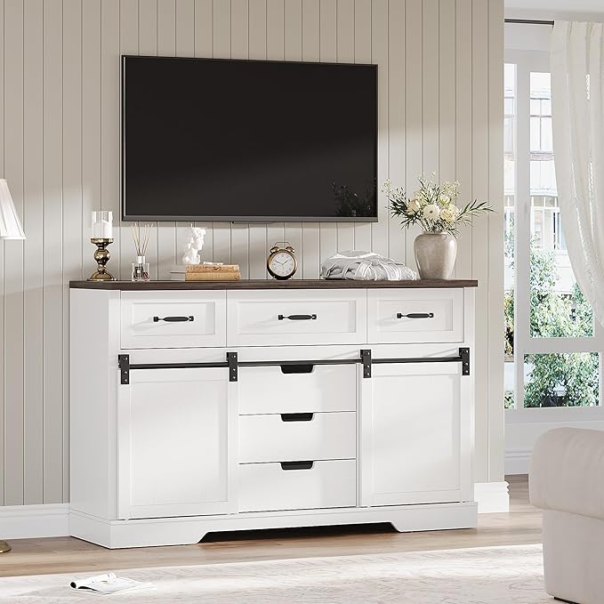 Garvee 6 Drawer Dresser, 47 Inch Farmhouse Chest of Drawer with 2 Sliding Barn Doors, Rustic Wooden Storage Cabinet with Adjustable Shelves for Bedroom Living Room Dining Room