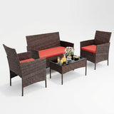 Garvee 4-Piece Rattan Patio Conversation Set, Brown Wicker Outdoor Sofa Set with Red Cushions & Glass Table - Brown / Red