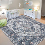Garvee Machine Washable Area Rugs 5x7 Non-slip Vintage Printed Rugs, Soft Oriental Accent Carpet , Non Shedding Low Pile Faux Wool Indoor Carpet for Living Room, Bedroom, Kitchen, Blue - Blue