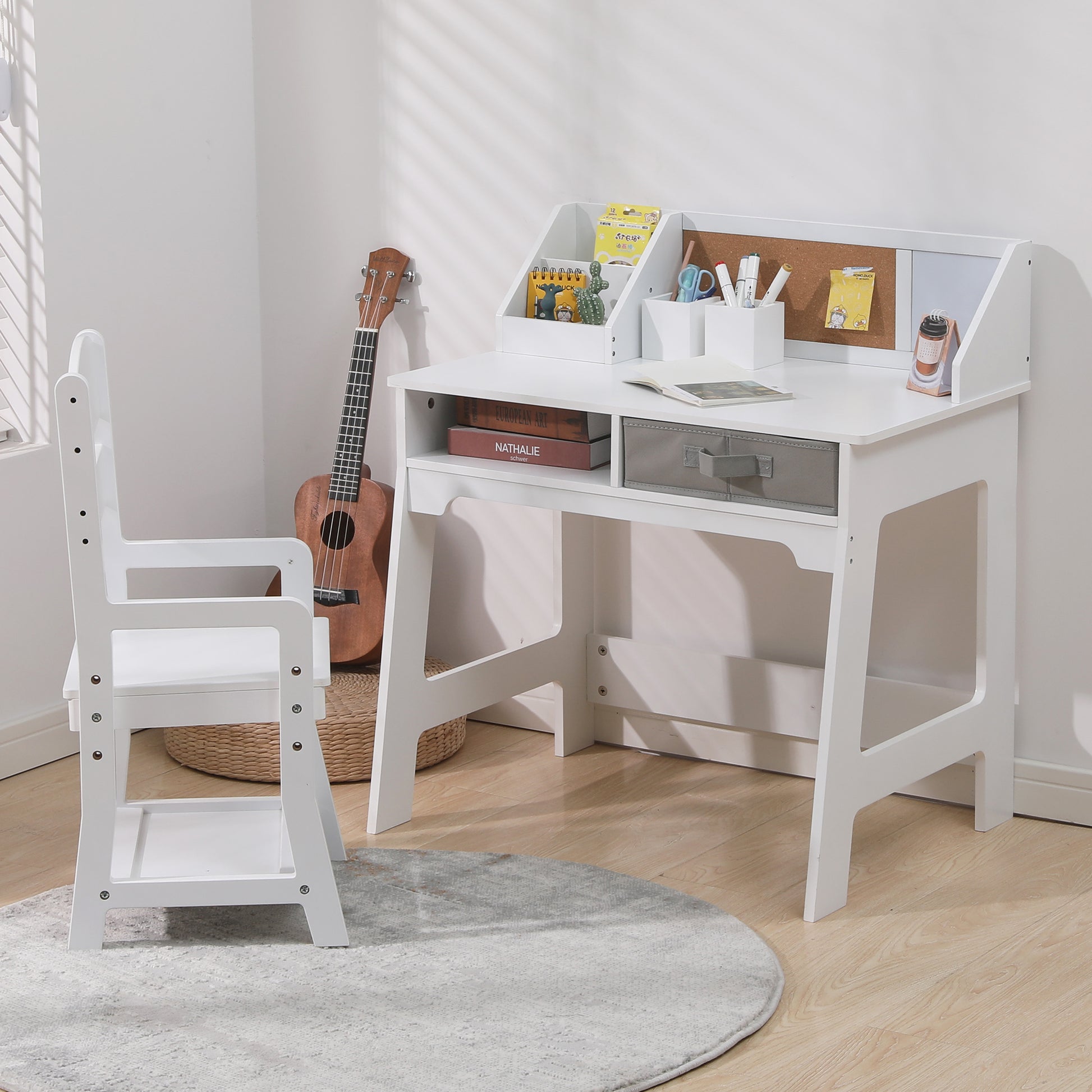 Garvee Kids Study Desk and Chair Set, Wood Writing Table with Storage Bins, Kids Study Desk with Bookshelf, Bulletin Board, Computer Desk for Boys Girls