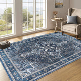 Garvee 5' x 7' Vintage Persian Medallion Area Rug, Machine Washable Non-Slip Low-Pile Chenille Rug for Living Room & Bedroom, Blue - Blue