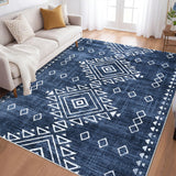 Garvee 6x9 Washable Area Rugs Farmhouse Geometric Accent Carpet with Non-Slip Backing Stain Resistant Foldable Floor Carpet Diamond Tribal Low Pile Rugs for Living Room Dining Room, Blue - Blue