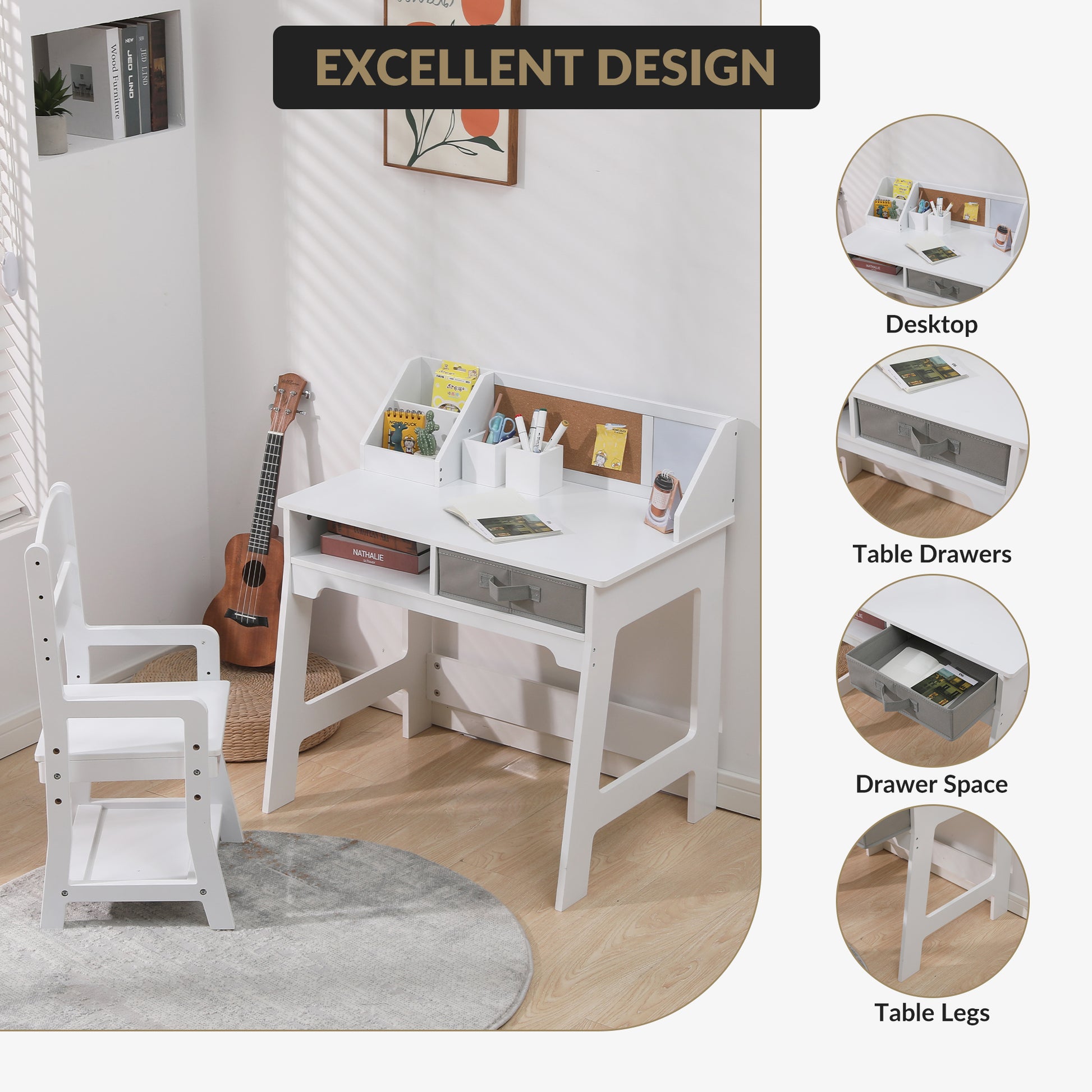 Garvee Kids Study Desk and Chair Set, Wood Writing Table with Storage Bins, Kids Study Desk with Bookshelf, Bulletin Board, Computer Desk for Boys Girls
