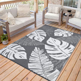 Garvee Outdoor Grey & White 10x14 Rug – Waterproof Reversible Plastic Straw Rug with Tropical Palm Leaves Design for Patio, RV, Camping, Deck, Picnic, Beach, or Indoor Use - Gray & White