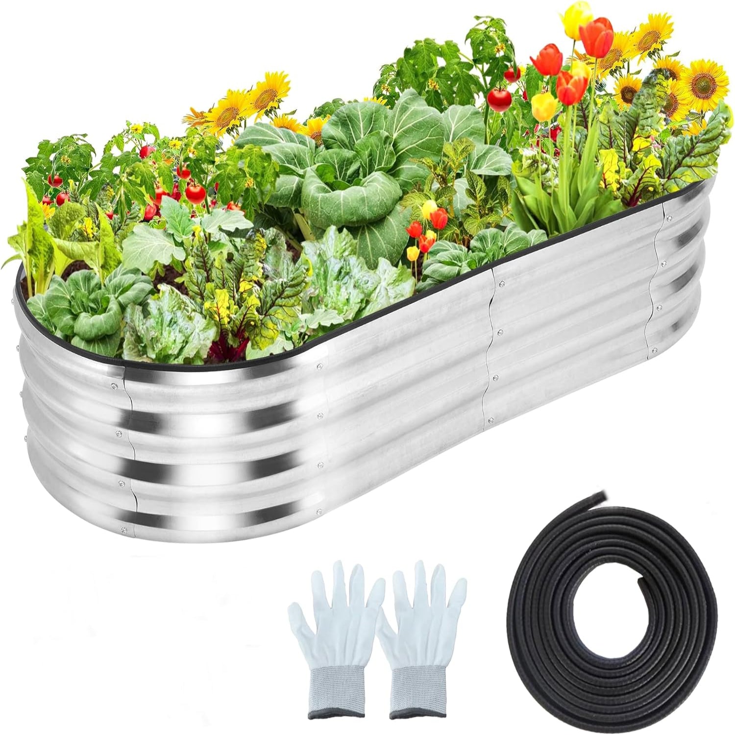 Garvee Raised Garden Bed 4.5×2×1ft Silver Galvanized Metal Planter Box + Anti-Rust + Open Bottom + Rubber Edge + Outdoor Use