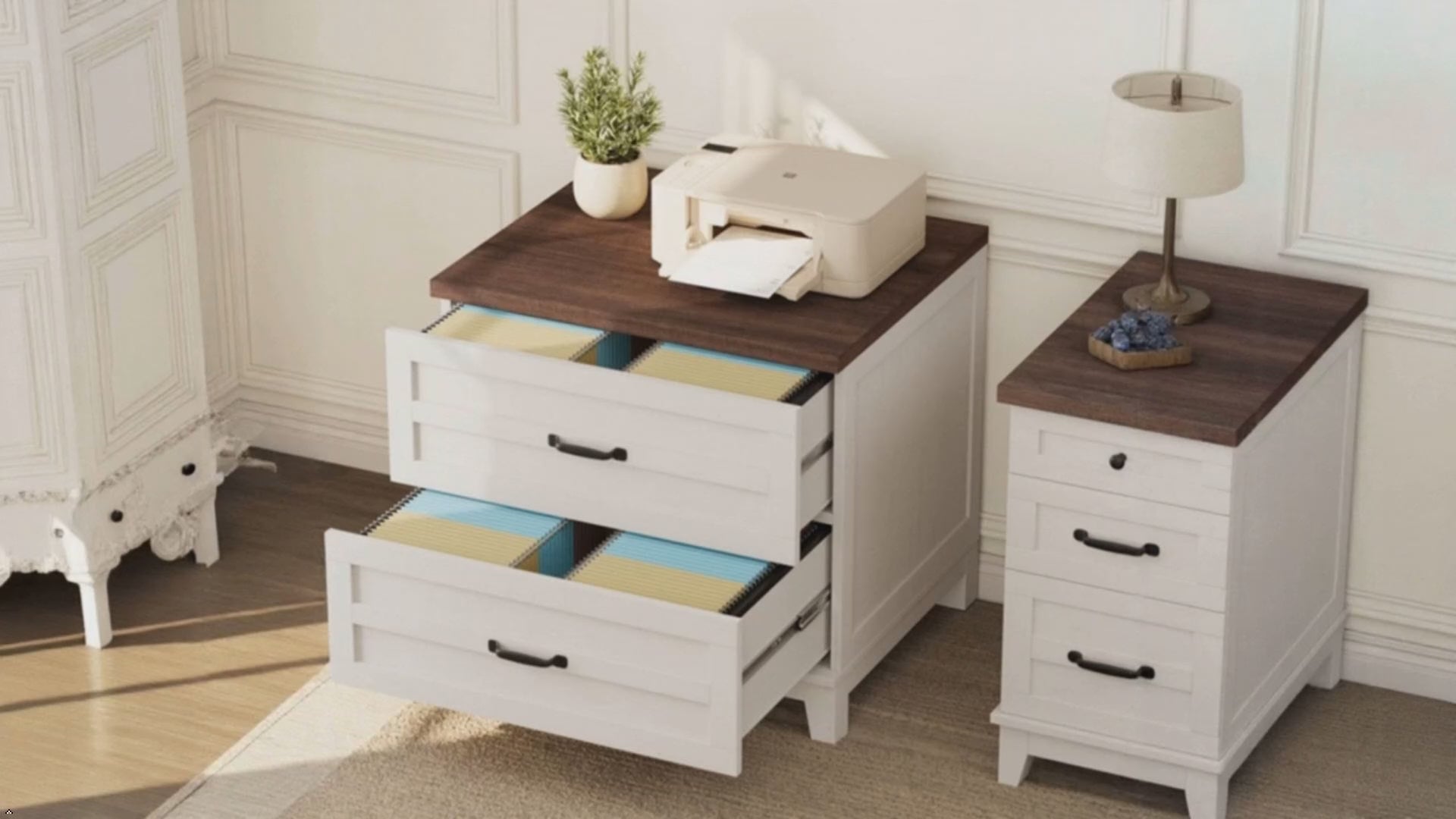 Garvee Farmhouse 2-Drawer Lateral File Cabinet - Brown-White Wooden Storage Organizer - Full Extension Deep Drawers - Adjustable Dividers - Large Capacity for Legal/Letter/A4 Files - Brown-white