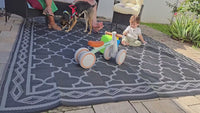 Garvee Outdoor Black Grey 10x14 Rug, Waterproof Reversible Plastic Straw Mat Modern Geometric Trellis UV-Resistant Portable Carry Bag Patio RV Camping