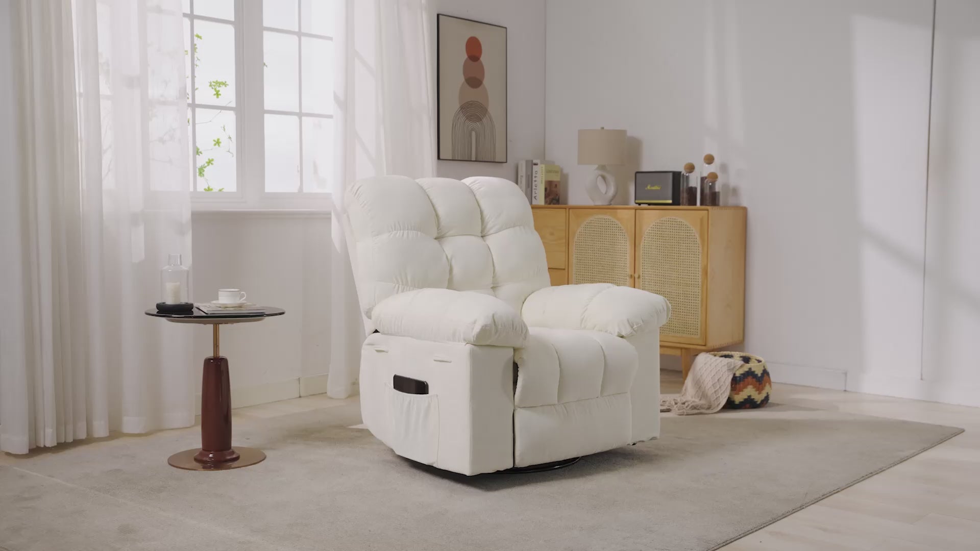 Garvee Rocking Recliner Chair, 360° Swivel Rocker Chair for Living Room, Upholstered Fabric Nursery Chair with Side Pockets for Small Spaces, q235 Steel Frame Lazy Boy Recliner Single Sofa, Beige