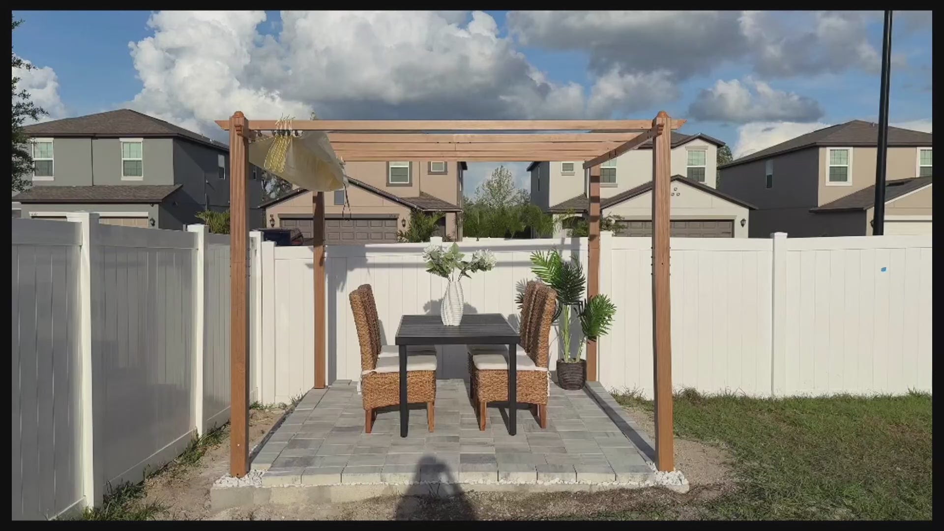 Garvee 10x10 Ft Retractable Outdoor Pergola with Canopy and Side Mesh, Upgraded Wood-Grain Aluminum Pergola, Modern Pavilion for Backyard, Patio, Porch, Grape Trellis, Beige+White