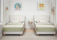 Garvee Upholstered Twin Size Bed Frame for Kids with Crown Headboard, Cute Velvet Twin Bed for Girls, Boys, Sturdy Platform Bed, No Box Spring Needed, Wooden Slats, Noise Free, White