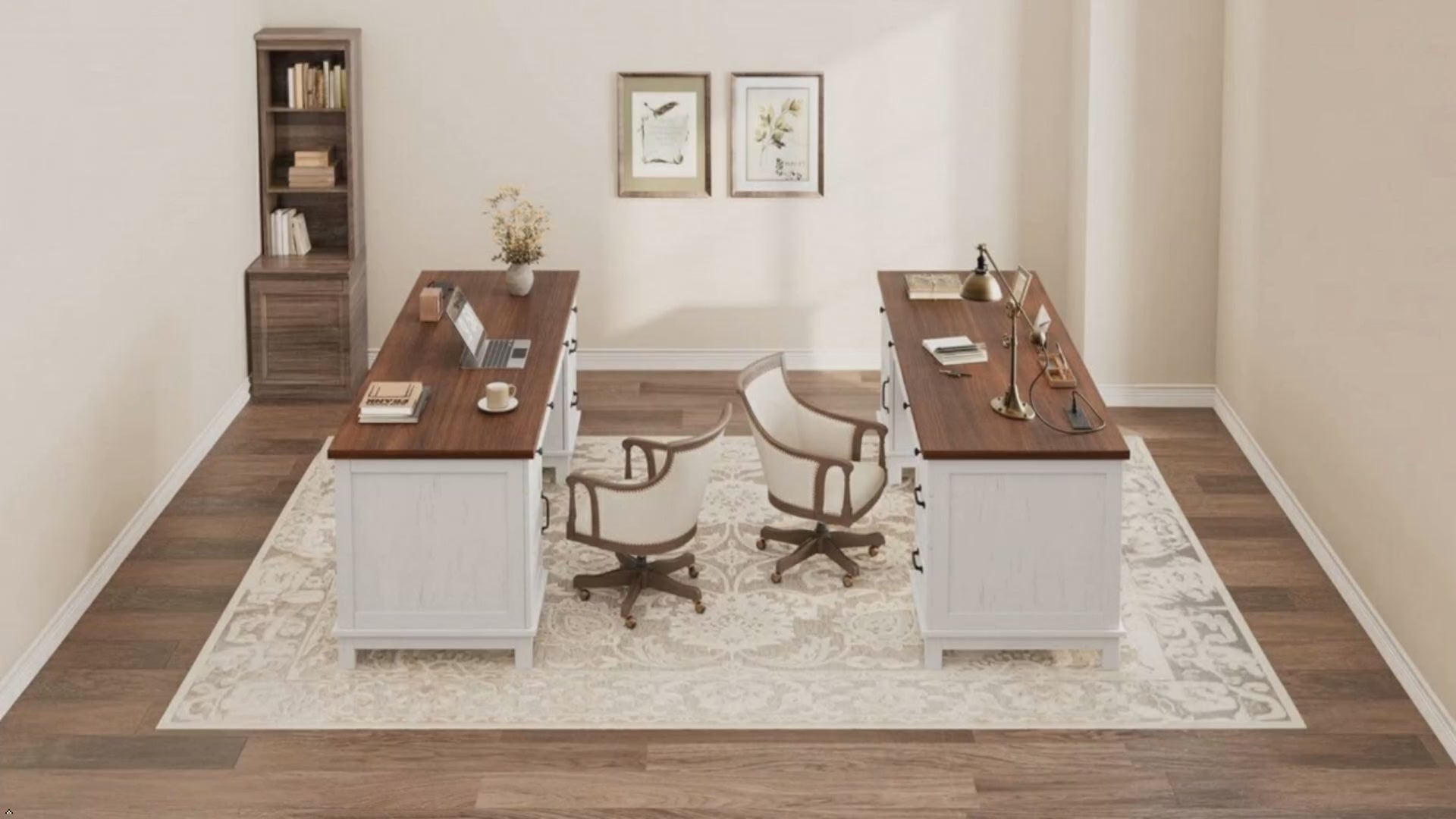 Garvee Farmhouse Executive Office Desk 60" with Charging Station, Power Outlets & USB Ports – File Cabinet & Drawers – Wooden Computer Writing Desk for Home Workspace – Brown and White (AB Box)