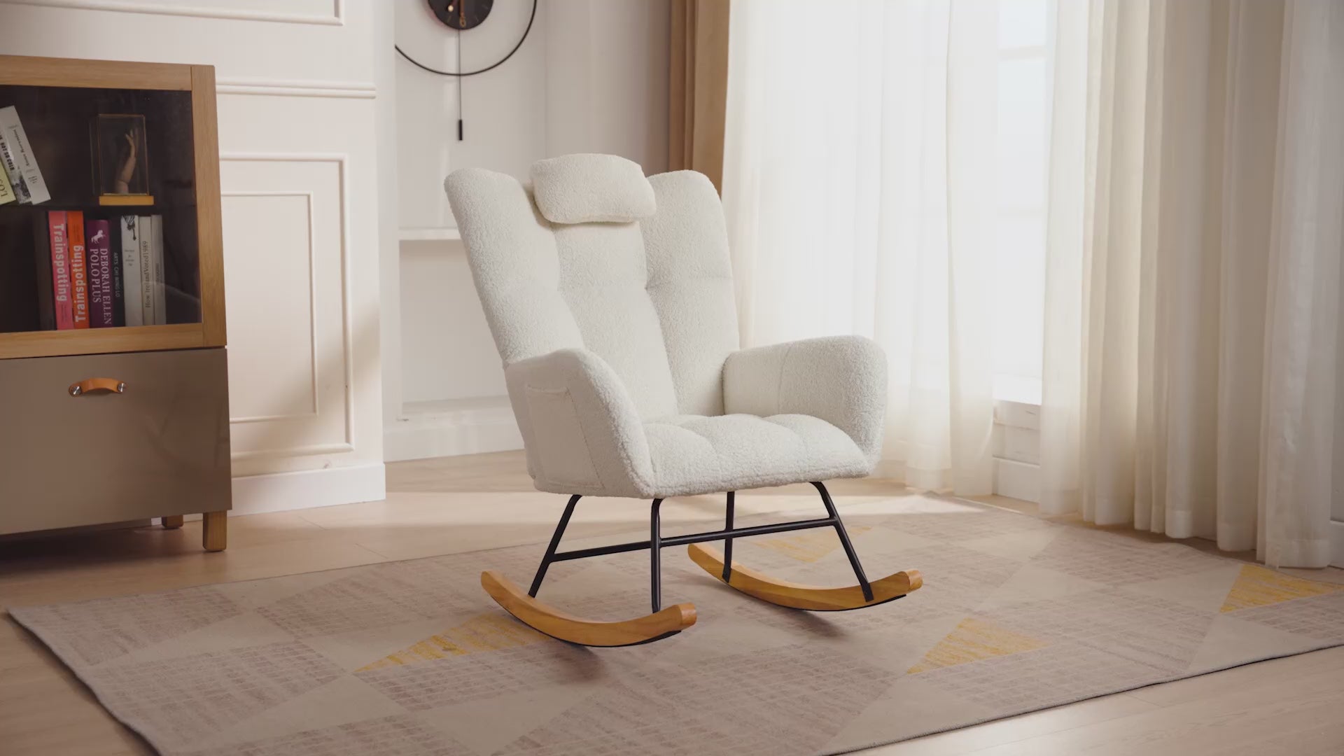 Garvee Nursery Rocking Chair, 300Lb Glider Chair with Wood Legs/Two Side Pockets, Teddy Upholstered Glider Rocker with Padded Seat High Backrest for Living Room/Bedroom, Beige